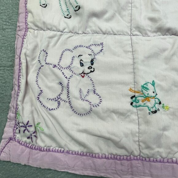 Vintage Baby Quilt Hand Embroidered Animals Pastel Crib Blanket Handmade 36x30 - Picture 6 of 16